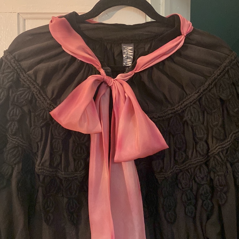 Magnolia Pearl embellished Poet Coat, 100% black linen removable red silk ribbon